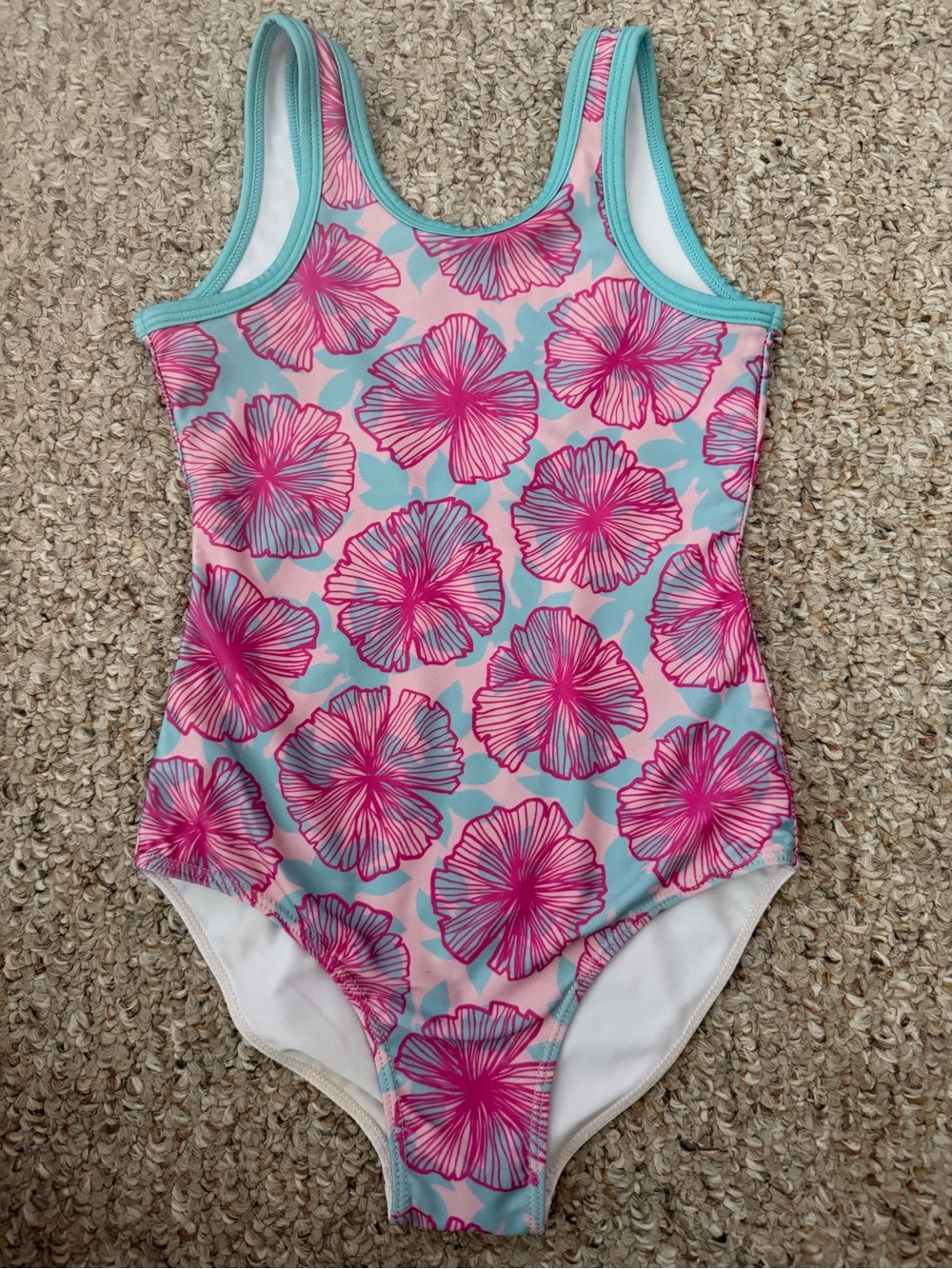 Girls Pink Floral One-Piece Swimsuit with Aqua Trim